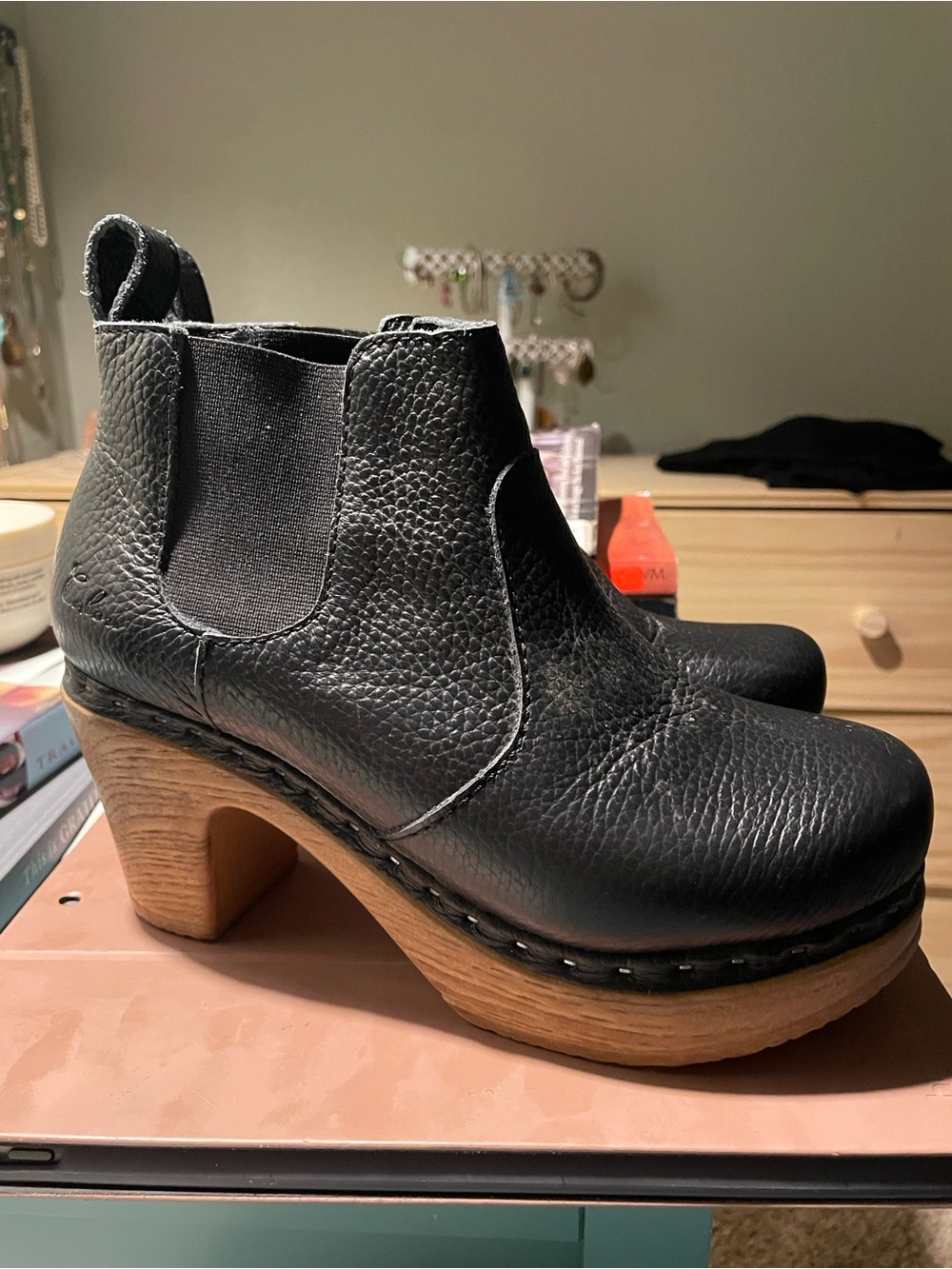 Women's Black Leather Platform Clog Boots - Sleek Comfort